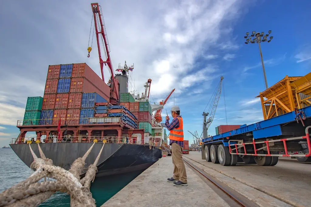 Port operator loading and discharging container ship vessel in port